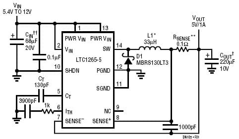 LTC1265-5 Demo Board, High Efficiency 5V/1A Step-Down Converter