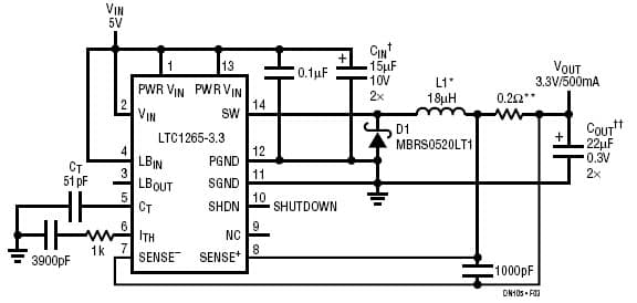 LTC1265-3.3 Demo Board, 2.5mm High 5V-to-3.3V Converter (500mA Output Current)