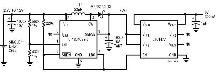 Situated down-stream, the LTC1477 Is Controlled by the LT1304s Low-Battery Detector