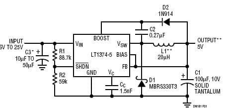 LT1374-5, High Efficiency 500kHz, 4.5A Step-Down Converter in an SO-8 Package