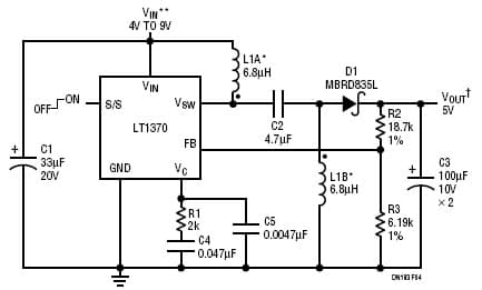 LT1370, Two Li-Ion Cells to 5V SEPIC Converter