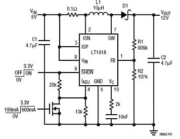 LT1618, USB to 12V Boost Converter (with Selectable 100mA/500mA Input Current Limit)