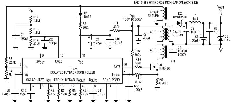 LT1725, Isolated Flyback Converter Regulates Without an Optocoupler