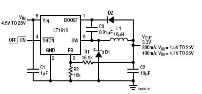 LT1616 Application Accepts an Input from 4.5V to 25V and Produces an Output of 3.3V at Up to 400mA