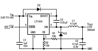 Circuit Produces 2.5V at 350mA from an Input Range of 3.6V to 16V