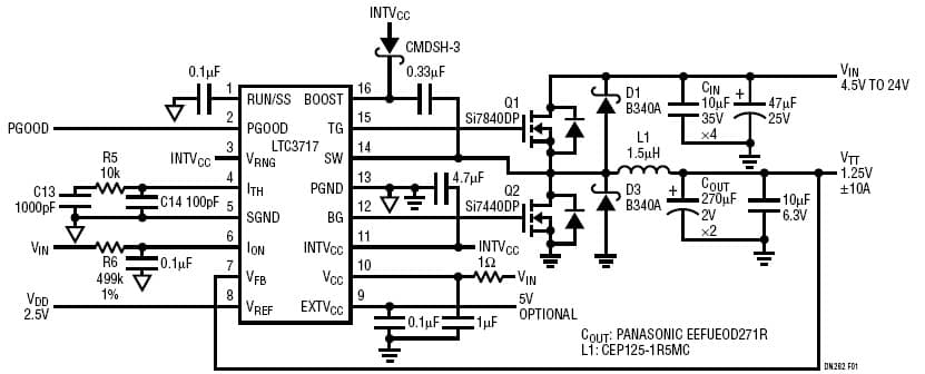 LTC3717, High Efficiency 10A LTC3717 VTT Supply from 4.5V to 24V Input