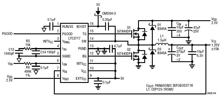 LTC3717, High Efficiency 10A LTC3717 VTT Supply from VDD Input