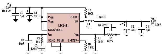 LTC3411, Tiny 1.8V/1.25A step-down converter uses low profile components