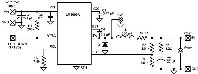 LM5009AEVAL, Evaluation Board for the 5V DC to DC Single Output Power Supply for Communications/Telecom