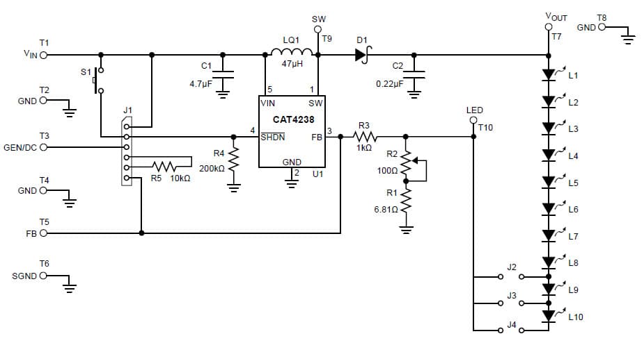 CAT4238AEVB, Evaluation Board for CAT4238 10-LED Boost Converter