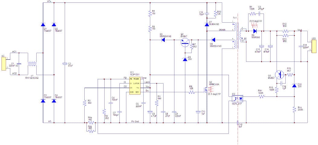 NCP1351LEDGEVB, Evaluation board for featuring NCP1351 Low Cost, Variable Frequency Universal Input, 20 W, LED Ballast