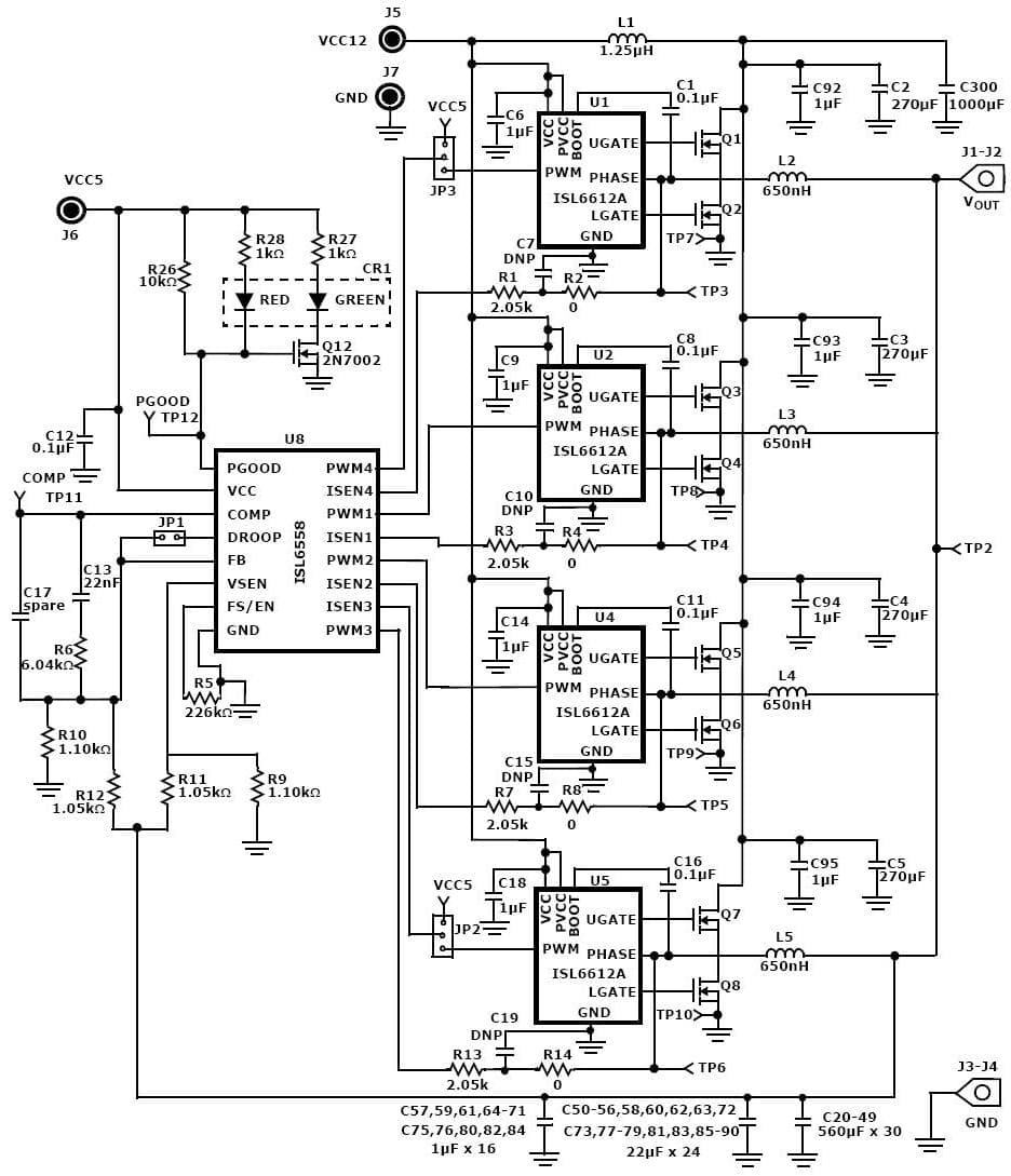 ISL6558EVAL1Z, Evaluation Board for the ISL6558, 150-W, 1.5V DC to DC Single Output Power Supply for Computers applications