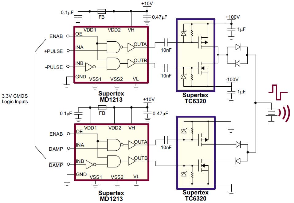 High Voltage Pulser Circuit Using the MD1213 and TC6320 100V Ultrasound Pulser