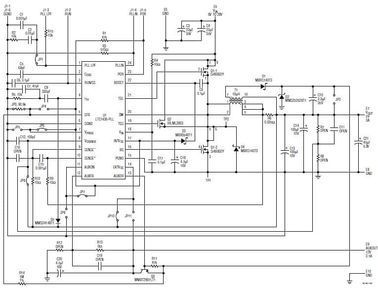 LTC1436CGN-PLL Demo Board, Dual Output Regulator, 5.5V to 28V Input, 5V @ 3A and 12V @ 0.1A