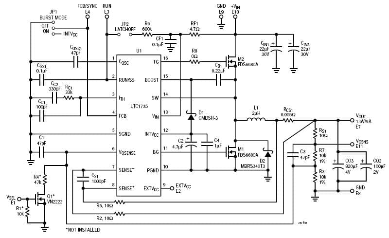 LTC1735CS Demo Board, CPU Low Voltage High Current Supply, Vin = 6V to 26V, Vout = 1.6V @ 9A (thru-hole caps)