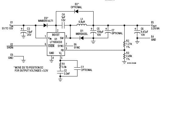 LT1959CS8 Demo Board, 4.5A Switch, 500kHz Step-Down Regulator, 5V to 15Vin, 1.8Vout @ 4A