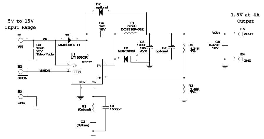 LT1959CS8 Demo Board, 4.5A Switch, 500kHz Step-Down Regulator, 5V to 15Vin, 1.8Vout @ 4A