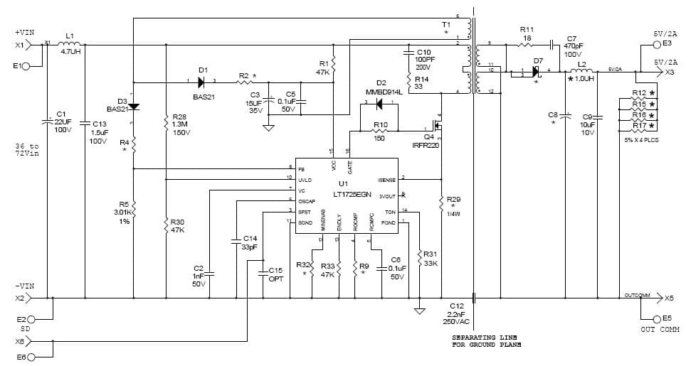 LT1725IGN Demo Board, 48Vin to 5Vout 2A Module, Isolated Flyback, 1x2 Footprint