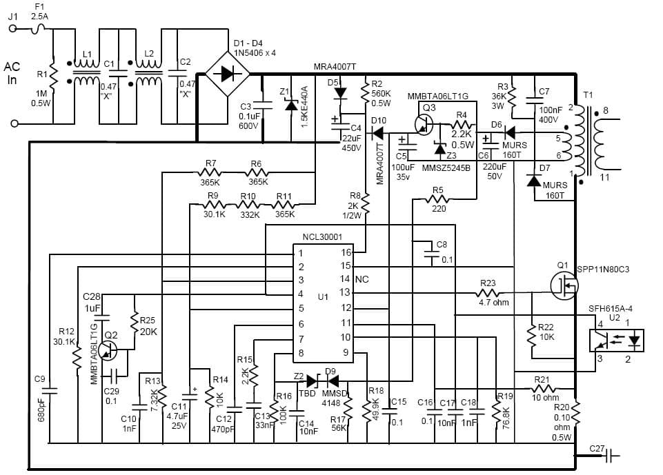 NCL30001, Evaluation Board Using Single Stage PFC/Flyback Converter for Off-Line High PF LED Driver