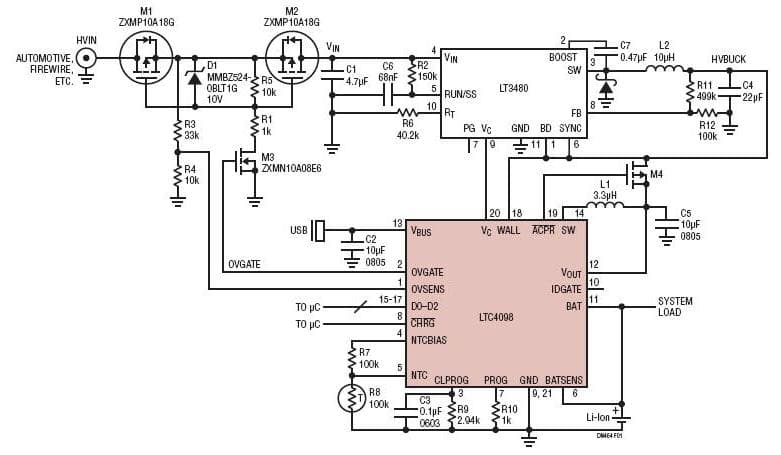 LTC4098, High Efficiency USB Power Management System Safely Charges Li-Ion/Polymer Batteries from Automotive Supplies