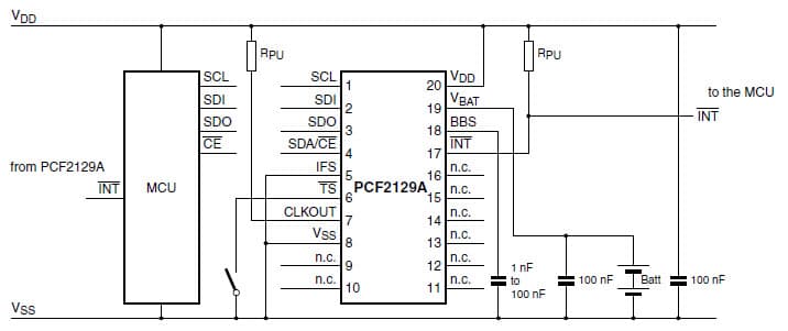 Timekeeping, CLKOUT, power management, timestamp with the interface active Application for the PCF2129AT TCXO