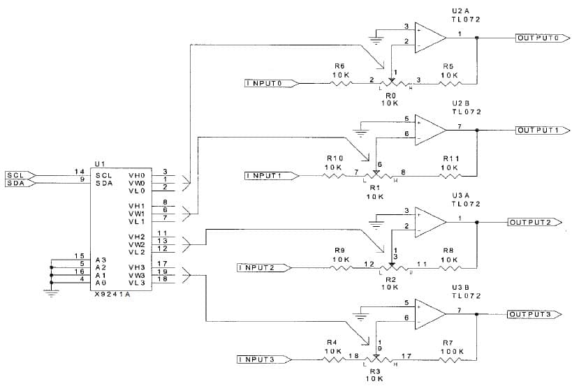 Op Amp Gain and Offset Trim using Digitally Controlled Potentiometers (XDCPs)