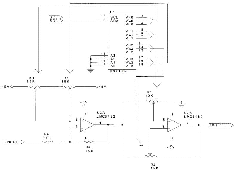 Op Amp Gain and Offset Trim using Digitally Controlled Potentiometers (XDCPs)