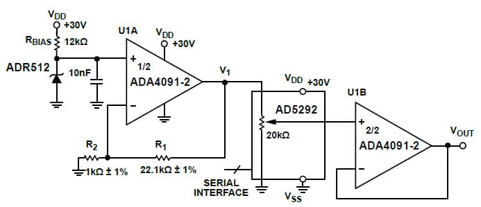 30V Low Cost DAC Using the AD5292 Digital Potentiometer Unipolar DAC Configuration