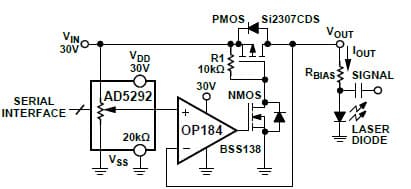 Programmable Voltage Source with Boosted Current Output Using the AD5292 Digital Potentiometer, OP184 Op-Amp and MOSFETs