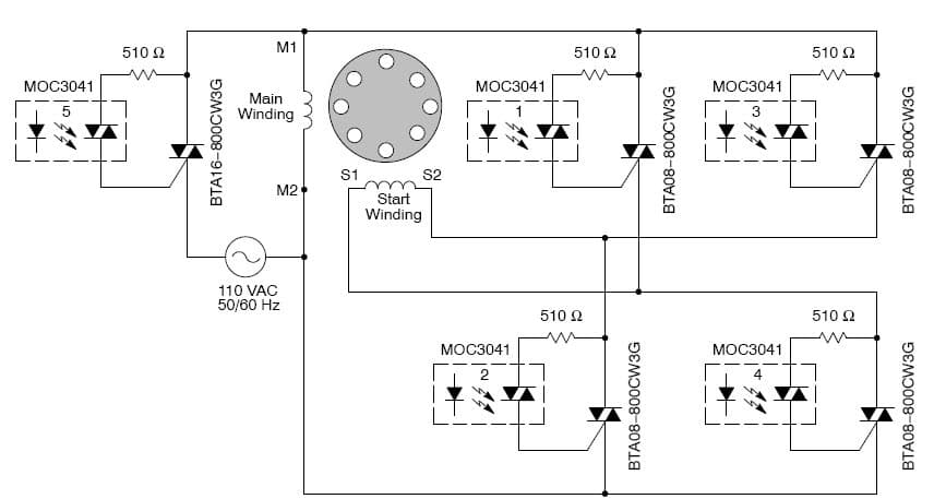 Power Circuit Contains Discrete Semiconductor Devices for Reversing One-Phase Motor