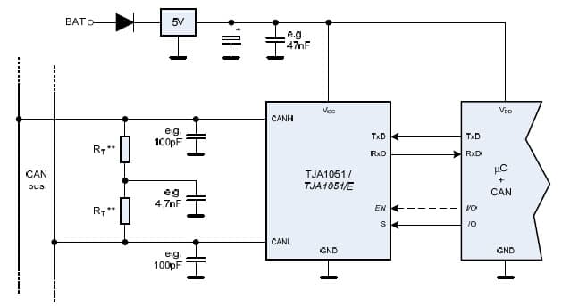 Application Circuit Using TJA1051/E High Speed CAN Transceiver with 5V MCU