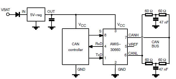 Typical Application Schematic for the AMIS-30663 3.3V CAN Transceiver