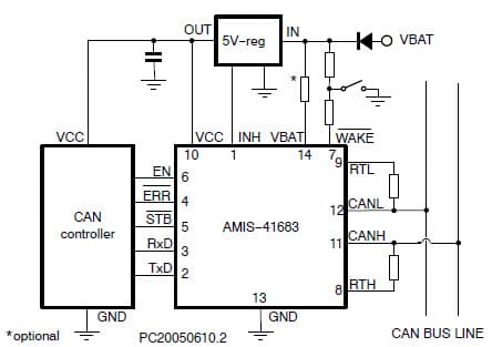 Typical Application Schematic for the AMIS-41683 CAN Transceiver