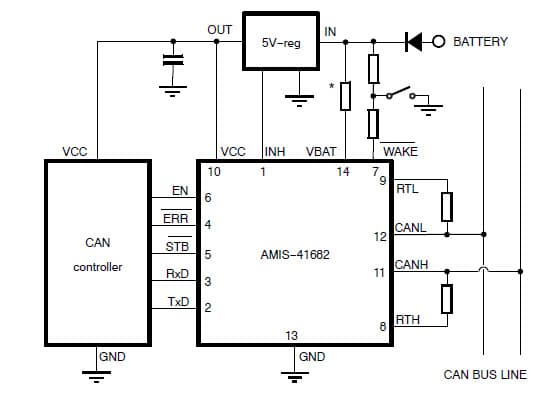 Application Circuit for the AMIS-41682 CAN Transceiver with Single VCC Topology for 5V MCU