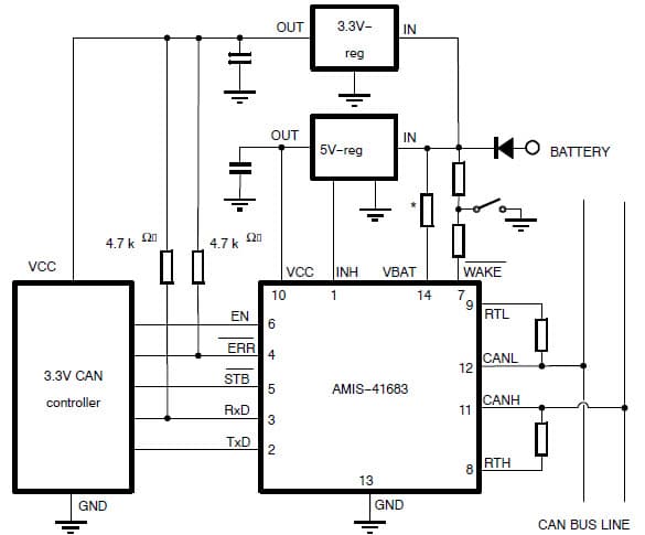 Application Circuit for the AMIS-41683 CAN Transceiver with Dual VCC Topology for 3.3V MCU