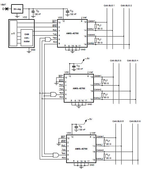 Application Circuit for the AMIS42700 Interconnecting Multiple HS-CAN Repeaters by Text/Rint Signals