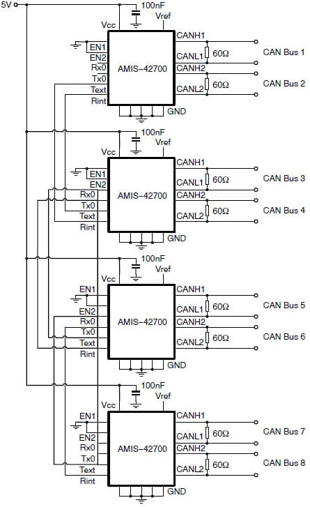 8-CAN Bus Network Application Circuit Using AMIS-42700/AMIS-42770 CAN Network