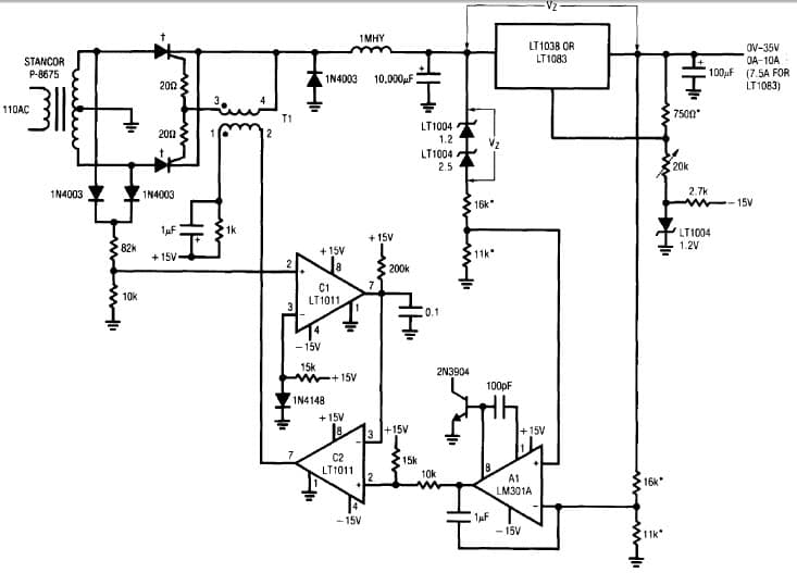 LT1038, AC-DC Power Supply Provides 0-35V Output Voltage at 10A