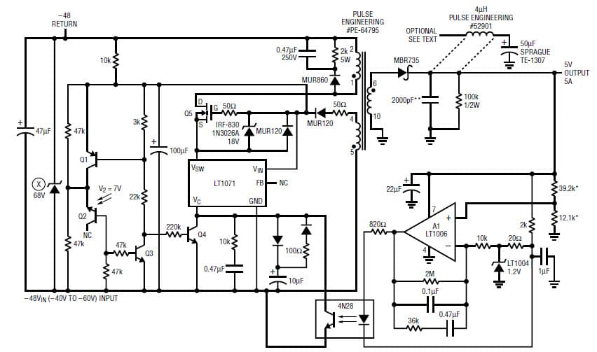 LT1071, Fully Isolated 48V to 5V Regulator