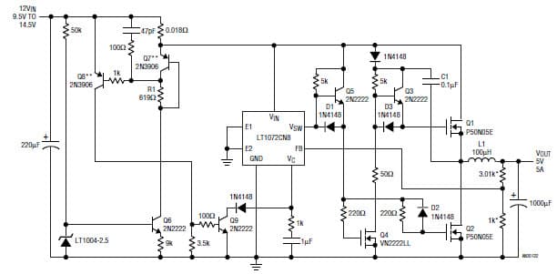 90% Efficiency Positive Buck Converter with Synchronous Switch (9.5V-14V to 5V)