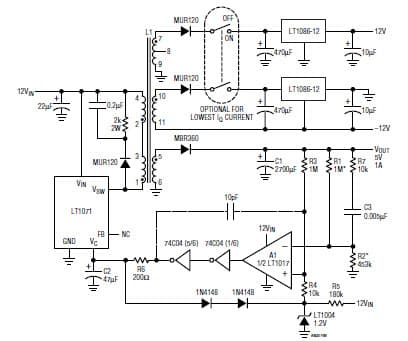 Multioutput, Transformer Coupled Low Quiescent Current Converter (12V to 5V, 12V)