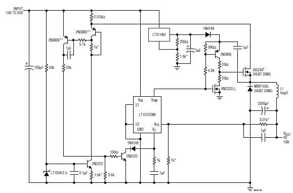 High Current Positive Buck with Bootstrapped NMOS Gate Drive (15V-35V to 5V)