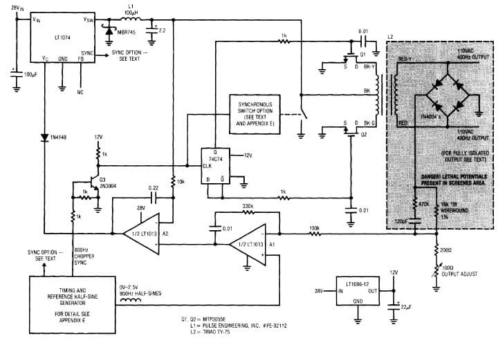 LT1074 Based +28 to 110VAC 400Hz Converter. Sine wave Output Shows Only 1.6% Distortion