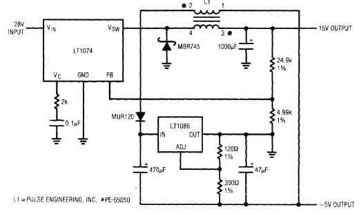 LT1074, Coupled Inductor Provides Positive and Negative Outputs