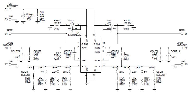 LT3024EDE Demo Board, Dual Output LDO Linear Regulator, Vin = 2.3V - 20V, User Select = Vout1/Vout2, 2.5V or 3.3V or 5V, Vout1 = 500mA, Vout2 = 100mA