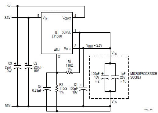 LT1580, Fast Response Low Dropout Regulator Achieves 0.4 Dropout at 4 Amps