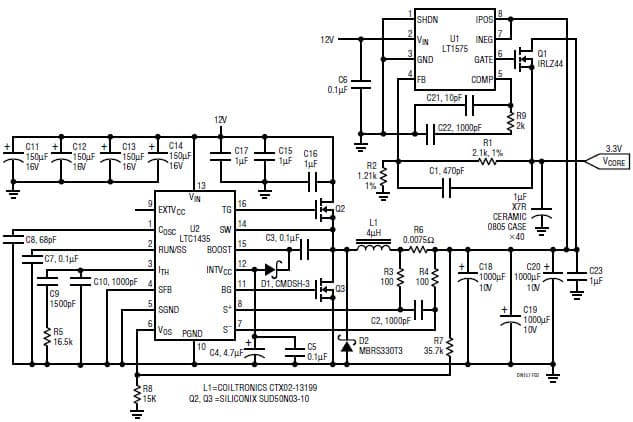 LT1575, 12V to 3.3V/9A (14A Peak) Hybrid Regulator