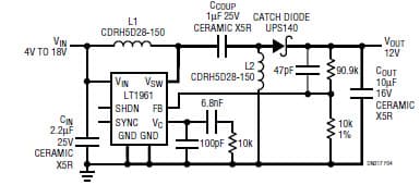 LT1961 in a 4V to 18V Input to 12V Output 3mm Maximum Height All Ceramic SEPIC