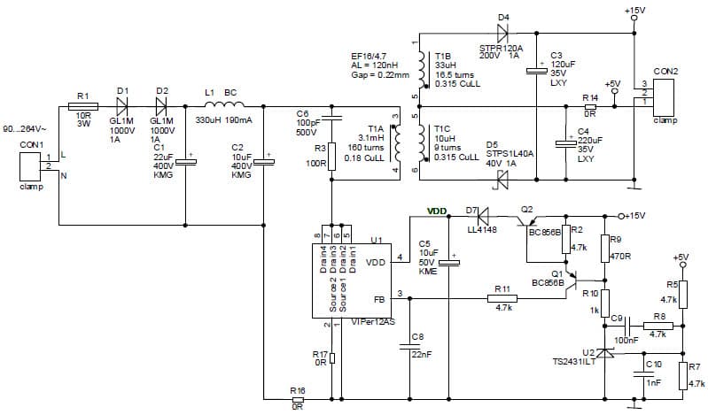 5.5W, 5V, 15V AC to DC Multi-Output Power Supply