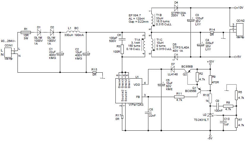 5.5W, -5V, 10V AC to DC Multi-Output Power Supply